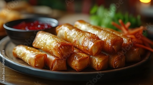 Crispy fried spring rolls with sweet and sour sauce on a plate. photo