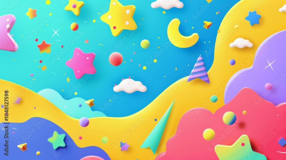 A vibrant, playful landscape of colorful clouds, stars, and moon, perfect for children's illustrations, whimsical designs, and dreamy backgrounds. A vibrant, playful landscape of colorful clouds, stars, and moon, perfect for children's illustrations, whimsical designs, and dreamy backgrounds.