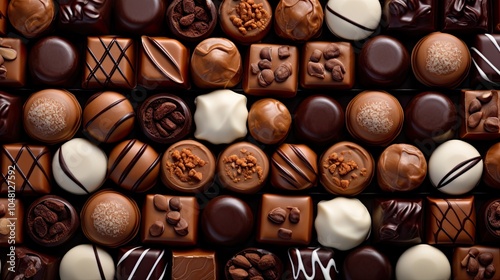 top view of variety chocolate pralines full Many different delicious chocolate background photo