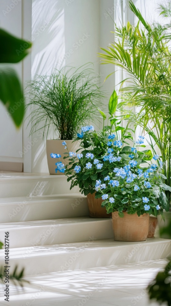 An empty scene featuring blank mockup template (a dreamy indoor plant corner featuring forget-me-nots among tropical plants), 