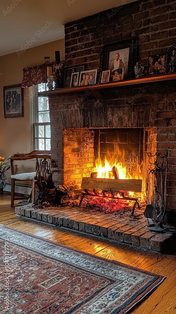 Cozy Classic Brick Fireplace with Roaring Fire Cozy Classic Brick Fireplace with Roaring Fire