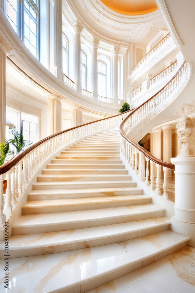 Elegant White Marble Staircase in a Luxurious Mansion.