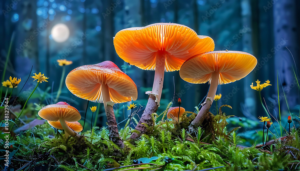 Fototapeta premium Forest with numerous mushrooms, a forest path, vibrant colors, and high brightness. It is a fantastic wonderland forest landscape with mushrooms and flowers in the background. Ai generative