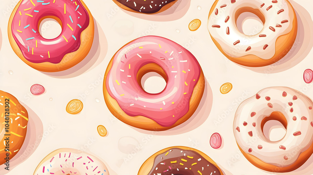 Cute seamless pattern of donuts in a playful design featuring colorful and fun illustrations, perfect for wallpaper or decoration Cute seamless pattern of donuts in a playful design featuring colorful and fun illustrations, perfect for wallpaper or decoration