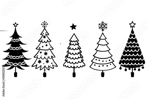 Hand drawn Christmas tree doodle set, illustration of various trees set, pencil textured trees vector illustration