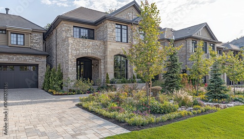 Luxury stone facade townhome in a suburban development with intricate landscaping.