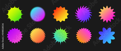 Set of starburst price in retro style on dark background. Colorful gradient Promotion tags collection. Trendy Y2K style. Flat Vector illustration.