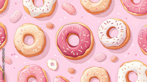 Cute seamless pattern of donuts in a playful design featuring colorful and fun illustrations, perfect for wallpaper or decoration