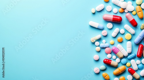 Close-up of various pills and capsules in different colors and shapes, arranged on a blue background, leaving plenty of room for text or branding, highlighting the concept of healthcare and medication