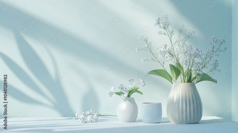An empty scene featuring blank mockup template (a minimalist workspace with forget-me-not-themed office supplies and a potted plant), An empty scene featuring blank mockup template (a minimalist workspace with forget-me-not-themed office supplies and a potted plant),