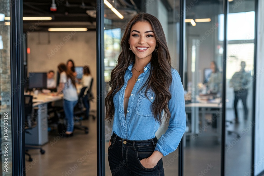 Fototapeta premium A smiling woman in a blue shirt stands in an office. AI.