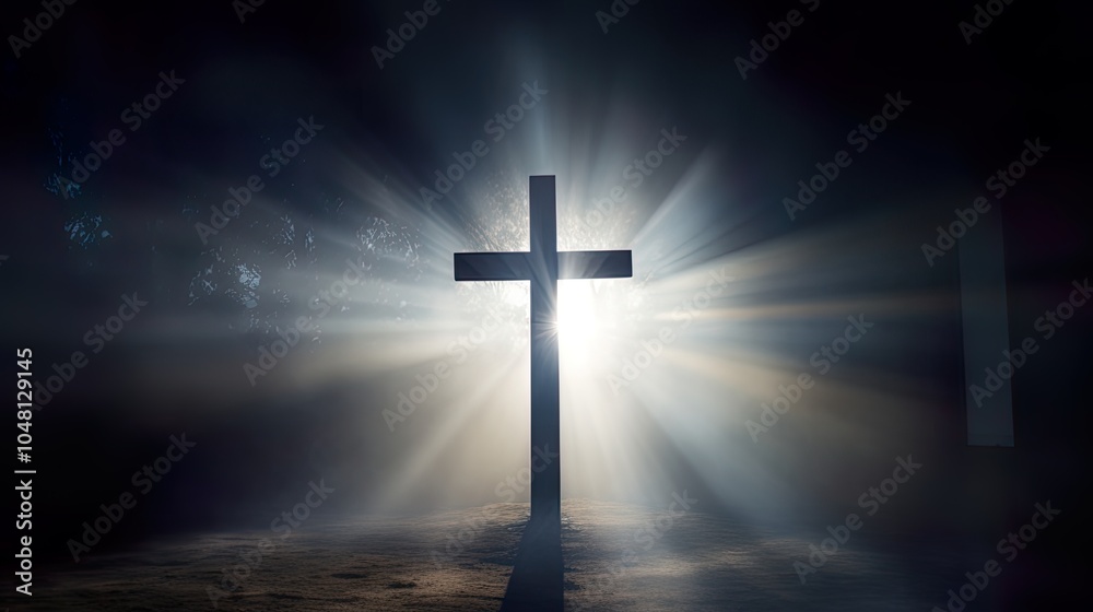 Silhouette Holy cross concept symbol on top mountain Resurrection background with sunlight Silhouette Holy cross concept symbol on top mountain Resurrection background with sunlight