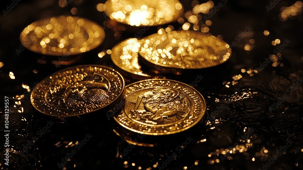 Gleaming Gold Coins Stacked Neatly in Close-Up View Gleaming Gold Coins Stacked Neatly in Close-Up View