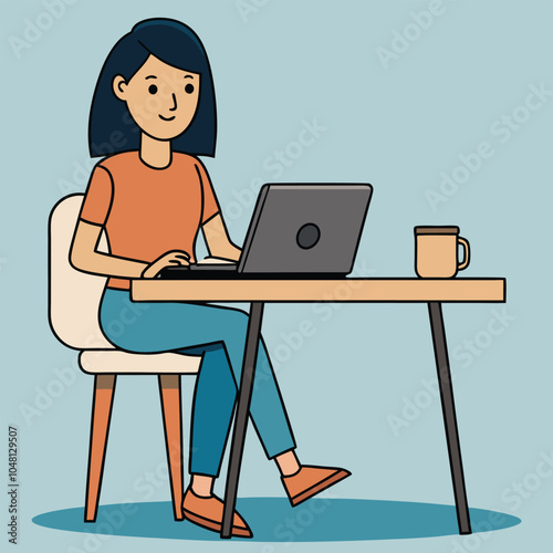 a woman sits at a table with a laptop illustration