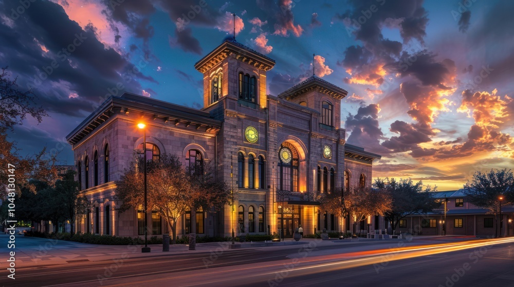 Fototapeta premium Historic Stone Building with Sunset Sky and Street Lights