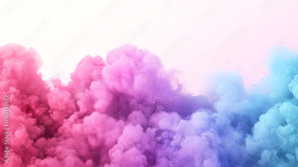 Fototapeta premium Artistic display of pink, purple, and blue powder burst, creating a dreamy cloud-like formation against a light background; vibrant hues, soft gradients, and dynamic energy with in