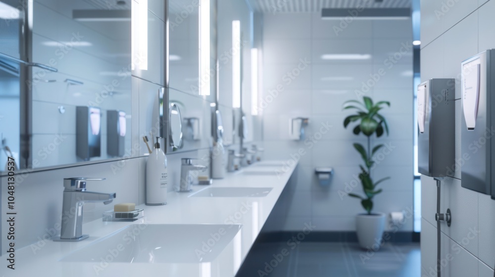 Modern Bathroom with Multiple Sinks and Hand Dryers Modern Bathroom with Multiple Sinks and Hand Dryers