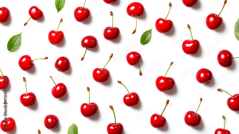 Flatlay fresh red cherries pattern over white background. Flatlay fresh red cherries pattern over white background.