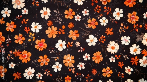 Wallpaper Mural Floral Delights: A captivating pattern of delicate white and orange blossoms scattered across a rich black backdrop, creating a charming and timeless design. Torontodigital.ca