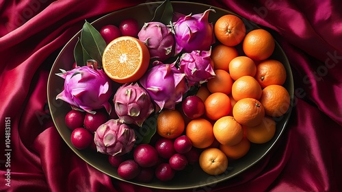 Variety of exotic fruits including dragon fruit, orange, grapefruit, tangerine and pitahaya photo