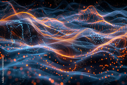 A Vibrant Digital Art Piece Depicting a Dynamic Ocean of Orange and Blue Light Waves and Particles