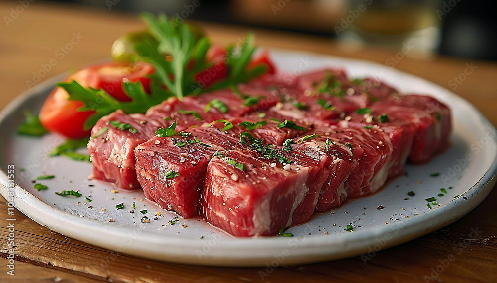 Fresh beef slices on a clean white plate in style of Realistic for health-focused food background Fresh beef slices on a clean white plate in style of Realistic for health-focused food background