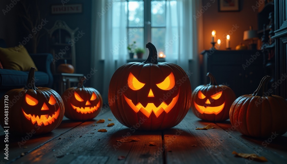 Obraz premium Dark and spooky room setting with Halloween pumpkin carving in progress surrounded by shadows and eerie lighting effects.