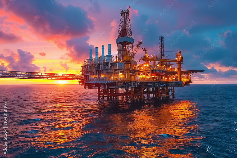 Fototapeta premium Stunning Offshore Oil Rig Against Vibrant Sunset Over Calm Ocean Seascape