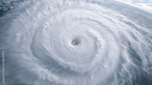 A powerful cyclone swirls with dense clouds, showcasing its spiral structure and eye, depicting the intense force of nature.