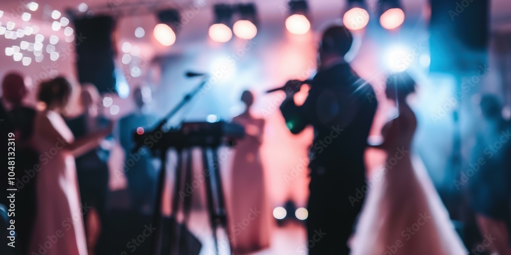 A blurry photo of a crowd of people at a party with lights and a microphone. AI. A blurry photo of a crowd of people at a party with lights and a microphone. AI.