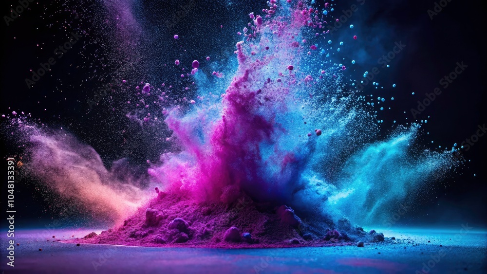 Stunning Purple Powder Explosion with Colorful Splatters on Dark Background - Macro Photography of Abstract Art and Vibrant Colors in Tilted Angle Composition