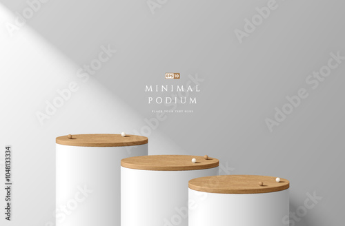 3D round white podium background with wooden topper, sphere ball. Abstract geometric composition minimalist design. Studio display showroom stands product pedestal, Fashion stage showcase mockup scene