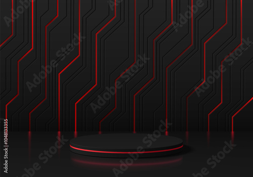 3D round black podium background with glow red lighting circuit line. Abstract composition in futuristic design. Studio display showroom stands product pedestal, Fashion stage showcase mockup scene.