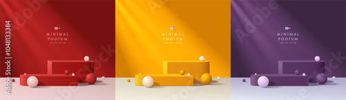 Set of 3D podium background in red, yellow and dark purple on white floor. Abstract composition minimalist design. Studio display showroom stand product pedestal, Fashion stage showcase mockup scene.