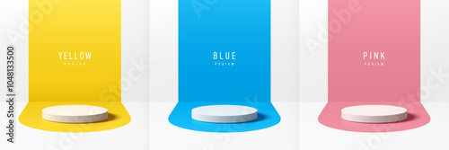 Set of 3D podium with blue, pink, yellow in round shape on white background. Abstract geometric composition in minimal design. Studio showroom product pedestal, Fashion stage showcase mockup scene.