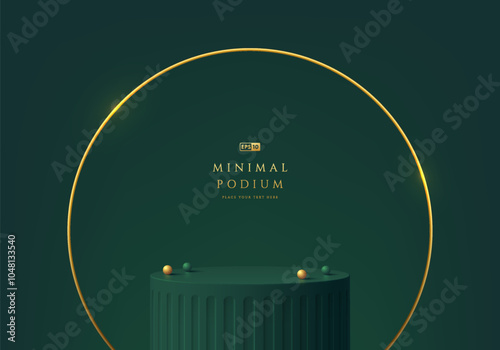 3D dark green round product podium with golden frame. Abstract geometric composition minimalist design. 3D Studio display showroom cosmetic stand product pedestal, Fashion stage showcase mockup scene.
