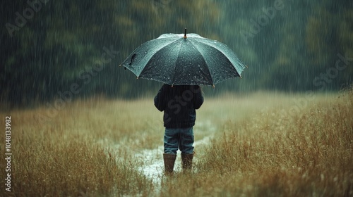 A child standing in a rain-soaked field, holding an umbrella too big for them, expressing feelings of being overwhelmed by sadness. photo