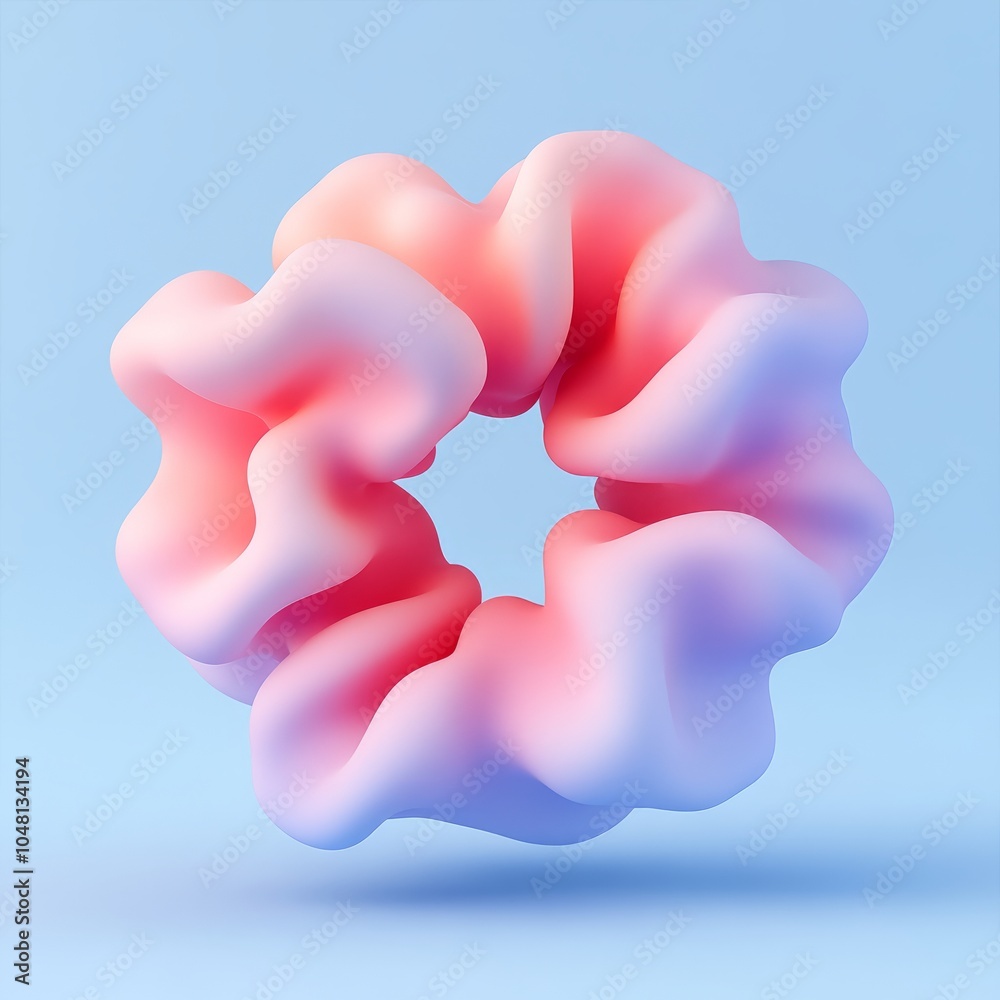 A soft, abstract, pink and blue sculptural shape resembling a donut.