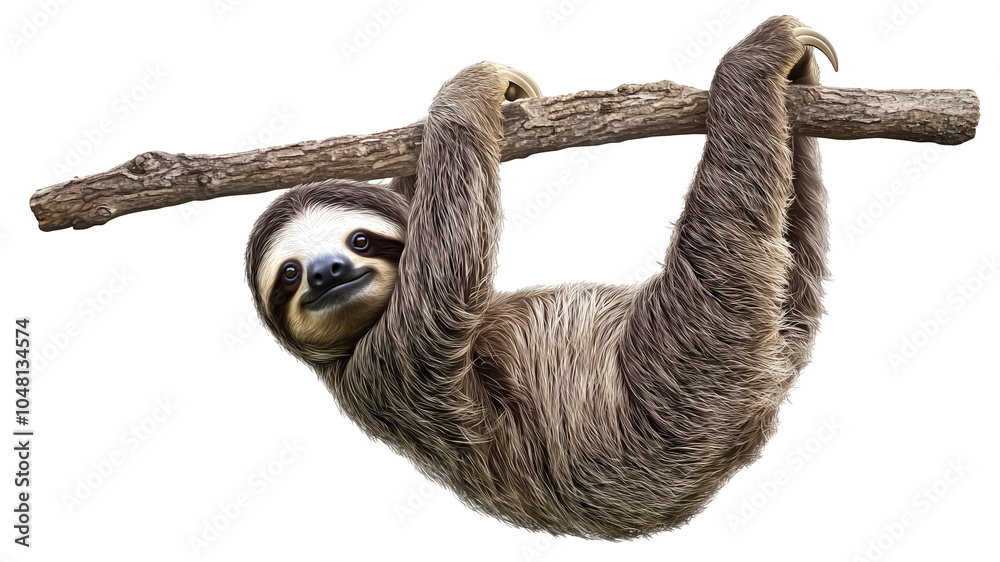 Obraz premium Sloth, Animal of Costa Rica on transparent background, isolated, funny animal hanging on tree branch scratching belly, cute, funny and chilled