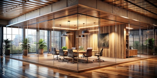 Surreal Wooden Business Interior with Glass Rooms and Invisible Doors - Innovative Meeting Space Design for Modern Work Environments