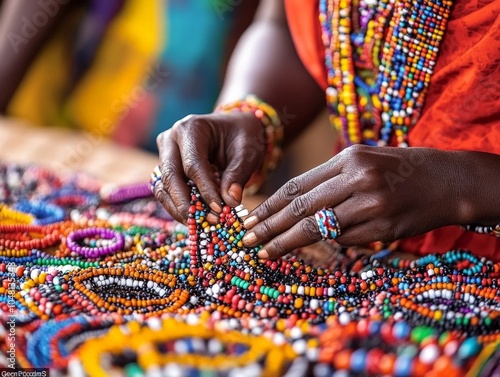 A close-up of a Kenyan woman crafting beaded jewelry, following traditional Maasai customs.