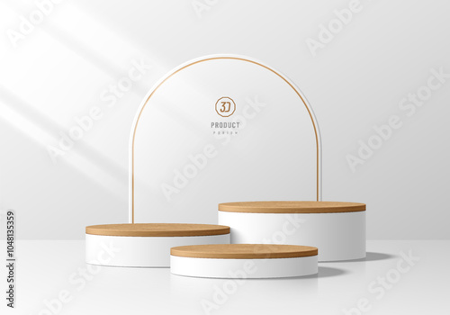 3D round white podium background with wooden topper. Abstract geometric composition in minimalist design. 3d Studio display showroom stands product pedestal, Fashion stage showcase mockup wall scene.