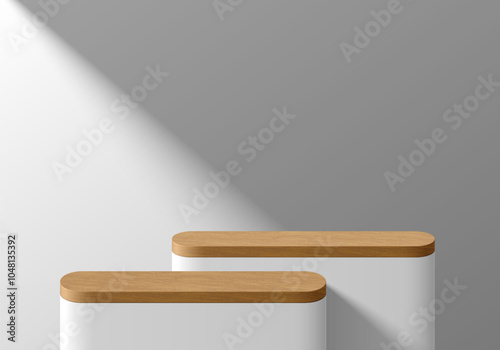 3D round white podium background with wooden topper. Abstract geometric composition in minimalist design. 3d Studio display showroom stands product pedestal, Fashion stage showcase mockup wall scene.