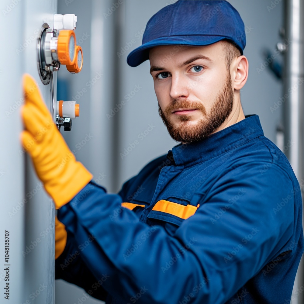 A technician in a blue uniform and gloves works on industrial equipment. A technician in a blue uniform and gloves works on industrial equipment.