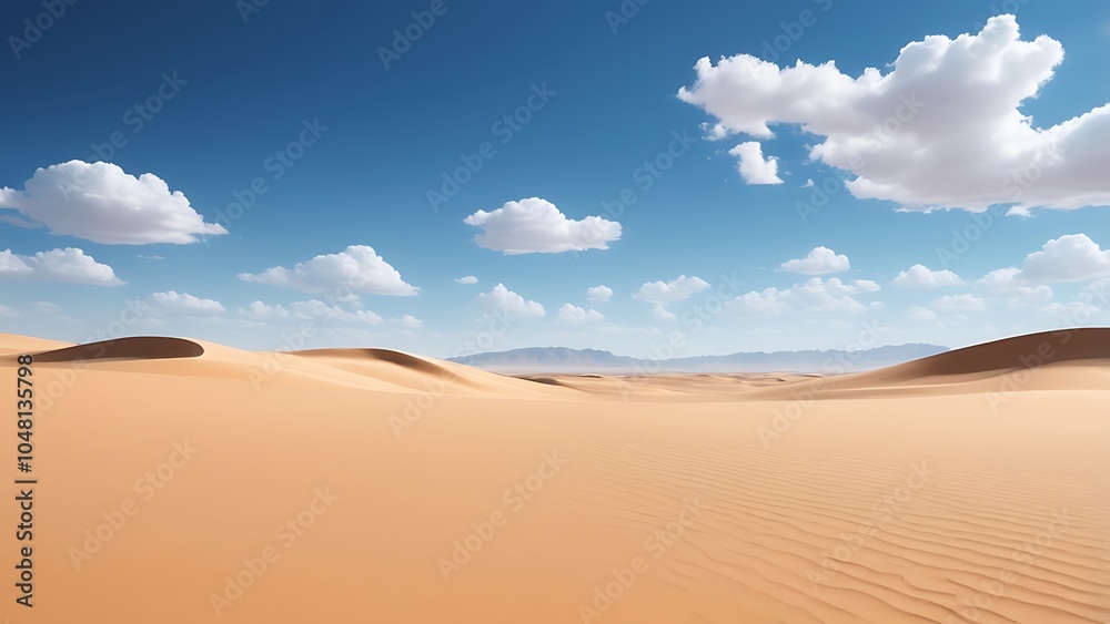 Naklejka premium Landscape abstract illustration showcasing a vast desert scene under a clear blue sky features smooth, undulating sand dunes with a rich, golden hue, creating a sense of depth and texture