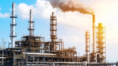 Industrial plant with smoke stacks and blue sky.