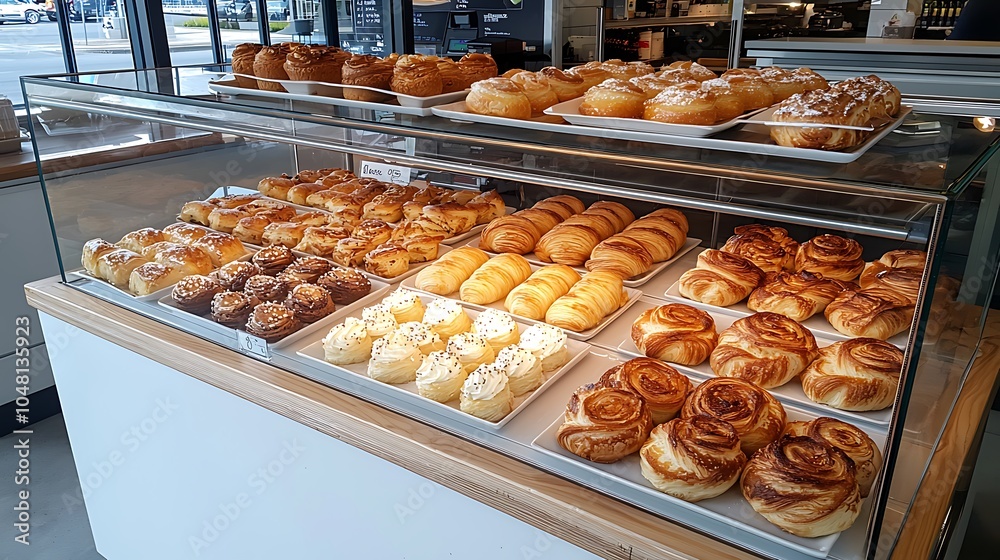 Delicious display of freshly baked pastries and sweet treats in a modern bakery showcase Delicious display of freshly baked pastries and sweet treats in a modern bakery showcase