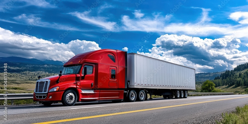 Red Truck Driving on Scenic Highway Under Blue Sky Red Truck Driving on Scenic Highway Under Blue Sky