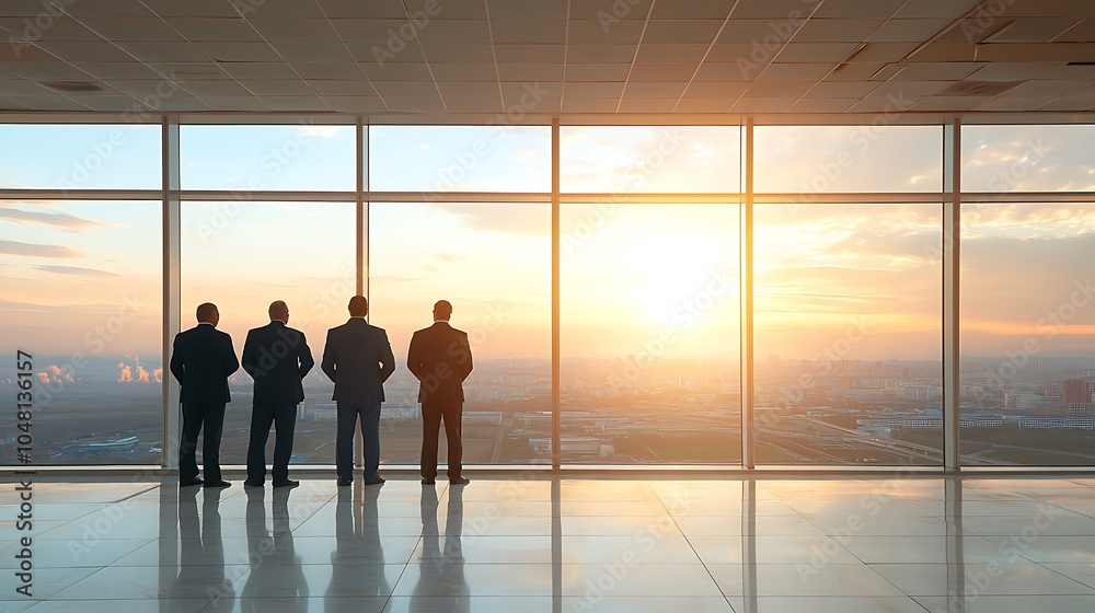 Four business professionals overlooking a city skyline at sunset symbolizing leadership and vision in the corporate world Four business professionals overlooking a city skyline at sunset symbolizing leadership and vision in the corporate world