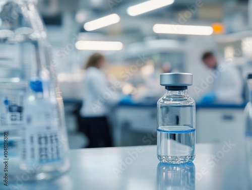 A close-up of a vaccine vial developed using biotechnology, with researchers working in the background on the next generation of immunotherapy. photo